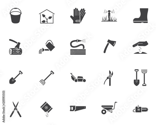Gardening tool vector icons set, modern solid symbol collection, filled style pictogram pack. Signs, logo illustration. Set includes icons as greenhouse, watering, seedling, rack shovel, lawn mower