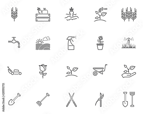 Gardening line icons set. linear style symbols collection outline signs pack. vector graphics. Set includes icons as spike of wheat, watering sprinkler, field, vegetable box, seedling, hand with plant