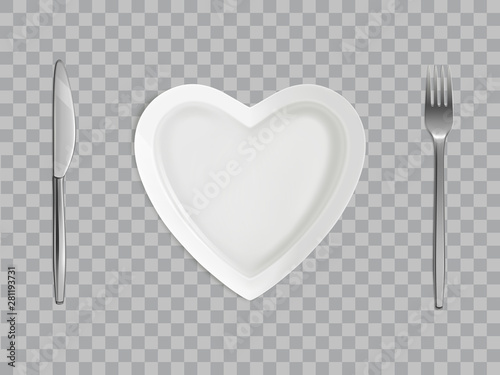 Heart shaped plate, fork and knife, empty table setting isolated on transparent background, top view, Valentine day romantic dish, love symbol. Ceramic holiday utensil Realistic 3d vector illustration