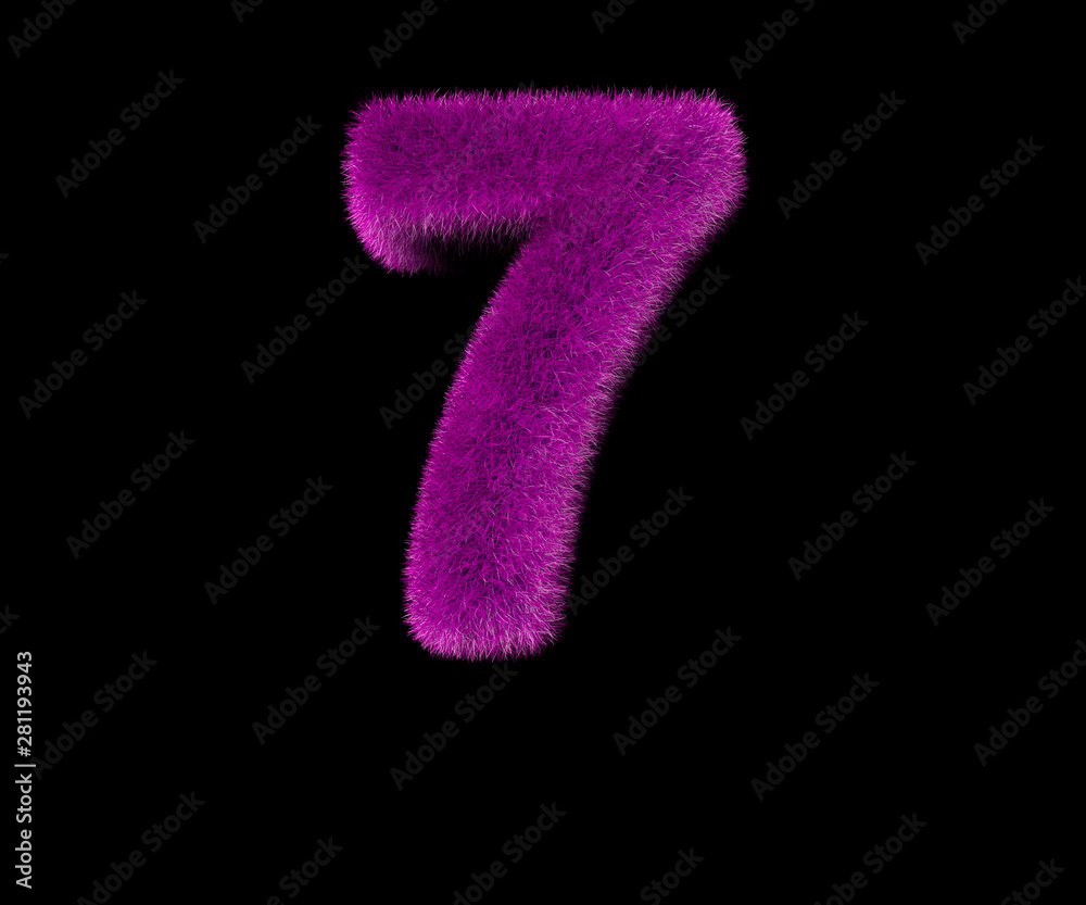 number 7 of funny glamorous purple shaggy alphabet isolated on black, funny concept 3D illustration of symbols number 7 of funny glamorous purple shaggy alphabet isolated on black, funny concept 3D illustration of symbols