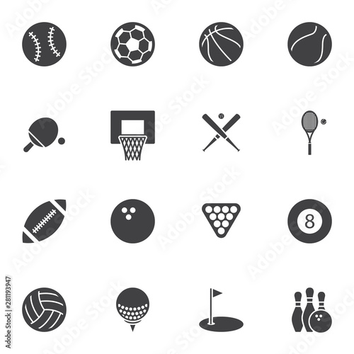 Sport balls vector icons set, modern solid symbol collection, filled style pictogram pack. Signs, logo illustration. Set includes icons as baseball, soccer, basketball, tennis, rugby, bowling, snooker