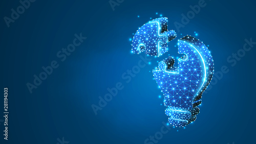 Lightbulb Jigsaw Puzzle. Idea, electricity, innovation, bulb lamp electrification concept. Abstract, digital wireframe, low poly, mesh, vector blue neon 3d illustration. Line dot