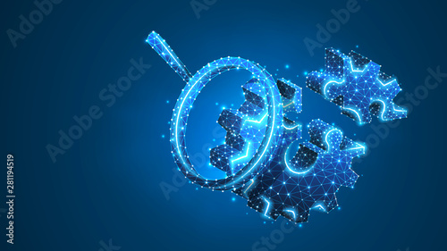 Magnifying glass on a Gear Jigsaw Puzzle. Industry development analysis, engine work, business solution concept. Abstract, digital, wireframe, low poly mesh, Raster blue neon 3d illustration. Line dot