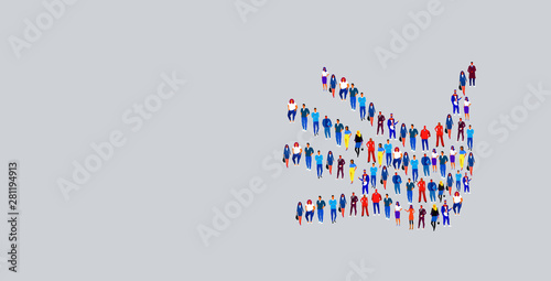 businesspeople crowd gathering in shape of palm hand symbol social media community concept business people group standing together full length horizontal