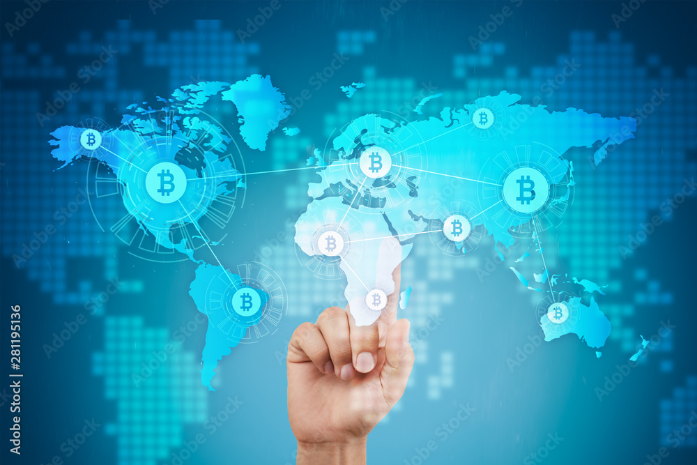 World map with bitcoin icons on virtual screen. Crypto currency. Blockchain technology. Internet payments. World map with bitcoin icons on virtual screen. Crypto currency. Blockchain technology. Internet payments.