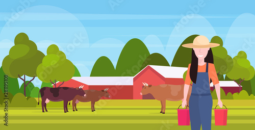 woman farmer carrying fresh milk pails domestic animal cattle eco farming breeding concept farmland countryside landscape flat portrait horizontal