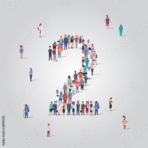 big people crowd forming number two 2 shape different occupation employees group standing together gathering community concept full length
