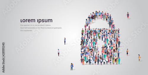 people crowd gathering in padlock icon shape social media community protection security concept different occupation employees group standing together full length horizontal copy space