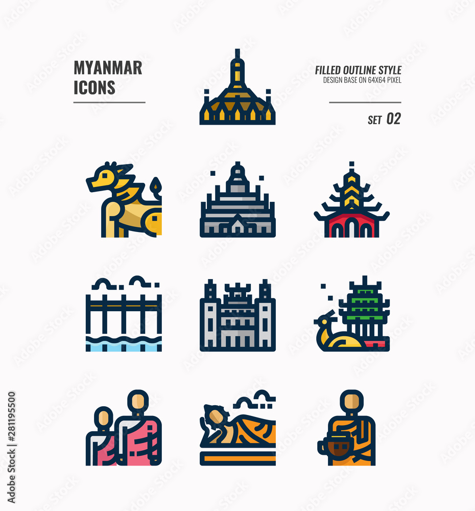 Obraz premium Myanmar icon set 2. Include landmark, people, culture and more. Filled Outline icons Design. vector