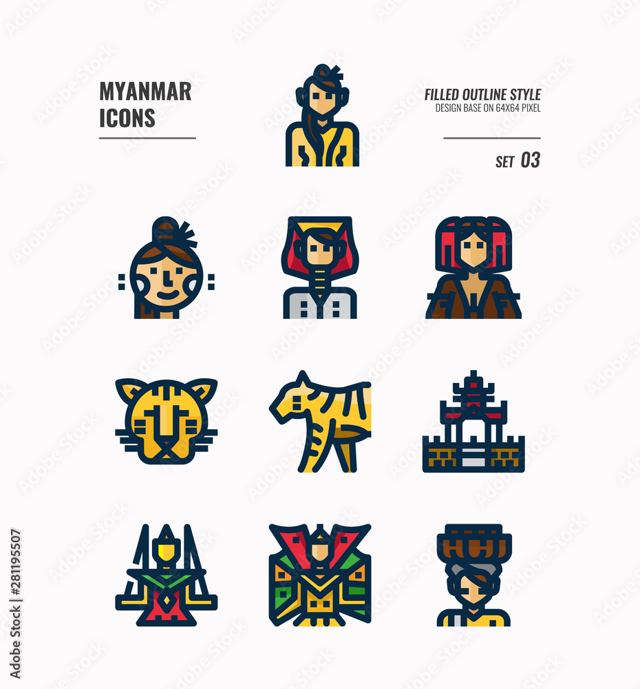 Myanmar icon set 3. Include landmark, people, animal, culture and more. Filled Outline icons Design. vector