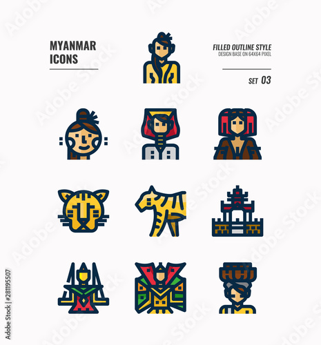 Myanmar icon set 3. Include landmark, people, animal, culture and more. Filled Outline icons Design. vector © Mangsaab