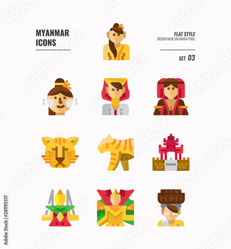 Fototapeta Naklejka Na Ścianę i Meble -  Myanmar icon set 3. Include landmark, people, animal, culture and more. Flat icons Design. vector