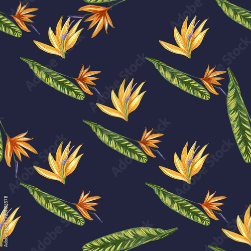 Strelitzia jungle foliage pattern background. Vector tropical decor. Summer botanical backdrop. Summer graphic. Magic background. Banana leaves.