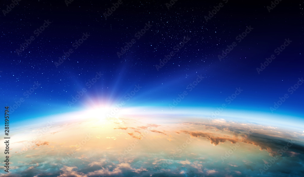 Earth with sunrise on blue space background Earth with sunrise on blue space background
