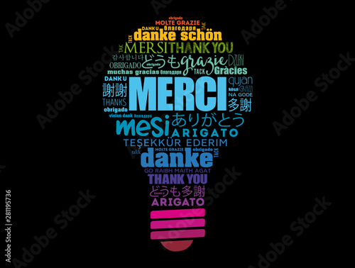 Merci (Thank You in French) light bulb word cloud in different languages