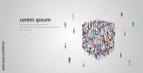 people crowd gathering in shield icon shape social media community protection security concept different occupation employees group standing together full length horizontal copy space