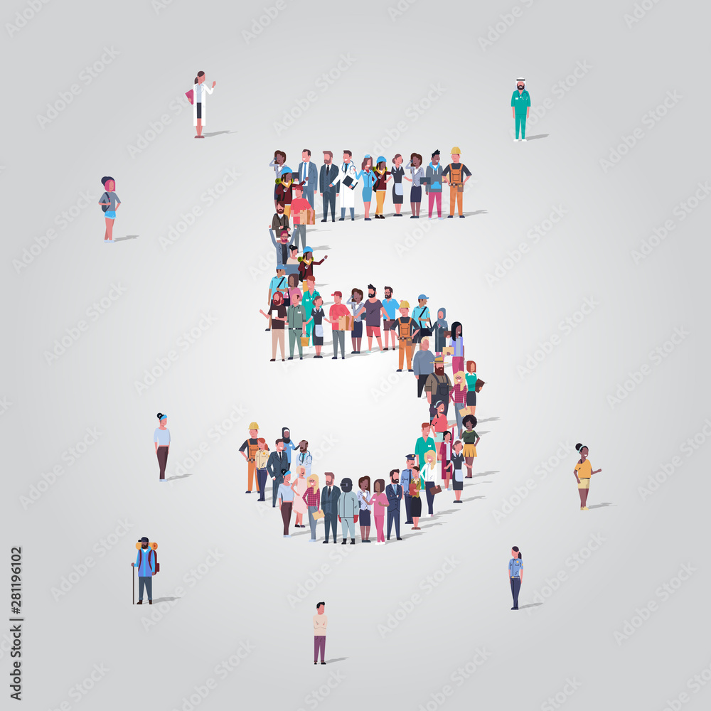 big people crowd forming number five 5 shape different occupation employees group standing together gathering community concept full length big people crowd forming number five 5 shape different occupation employees group standing together gathering community concept full length