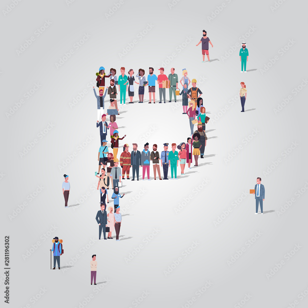 big people crowd gathering in shape letter P different occupation employees group standing together English alphabet concept full length big people crowd gathering in shape letter P different occupation employees group standing together English alphabet concept full length