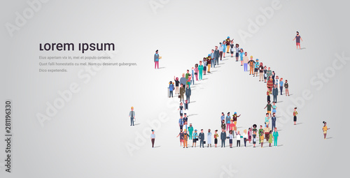 people crowd gathering in home icon shape social media community house building concept different occupation employees group standing together full length horizontal copy space photo