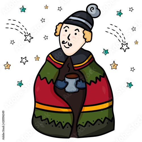 Cozy and Hyugge. A man drinks a warming drink in nature under the stars. Coloring. Winter vector illustration. Vector