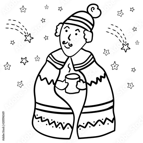 Cozy and Hyugge. Coloring. A man drinks a warming drink in nature under the stars. Winter vector illustration. Vector