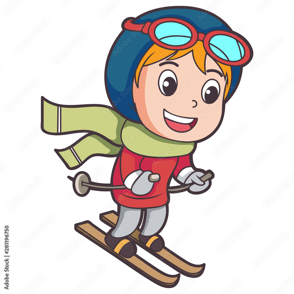 Plakat children playing skiing snow put on eyeglasses wearing red jacket