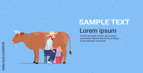 male farmer milking cow in bucket farm domestic animal cattle eco farming breeding concept flat horizontal copy space