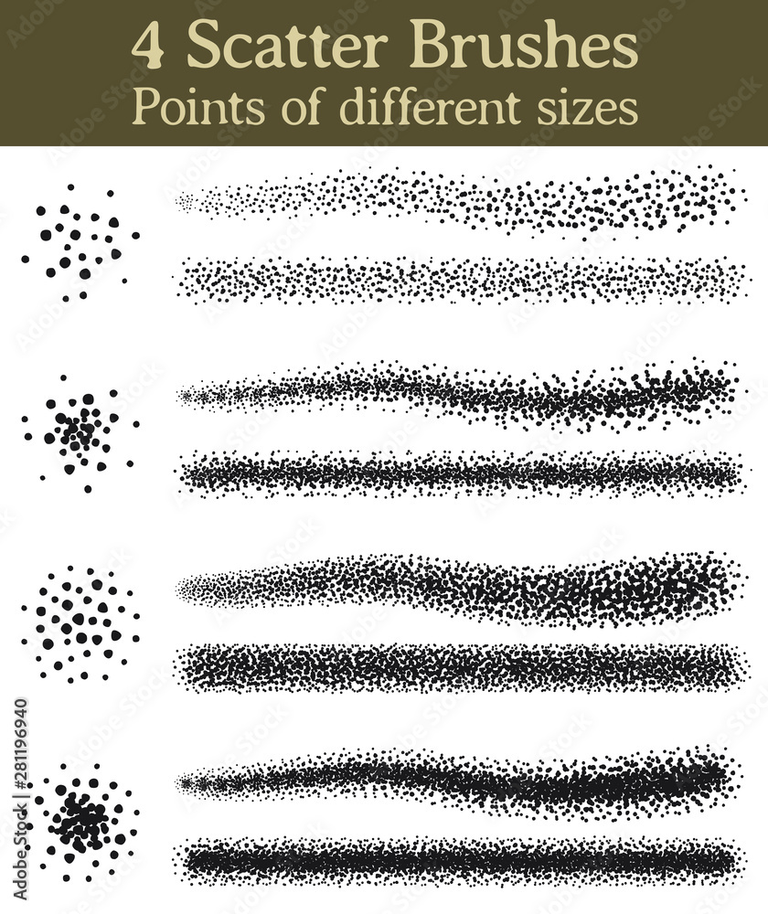4 Scatter brushes, points of different sizes. Four brushes for Illustrator, made with messy and irregular points. 