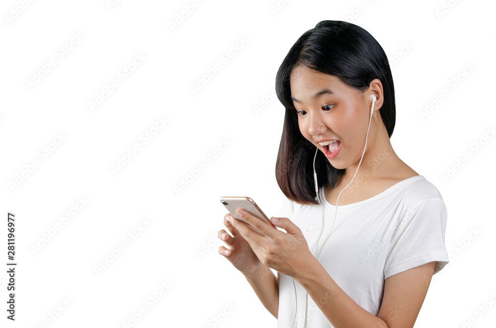 20s an Asian young woman enjoying the movie in mobile phone white white background 20s an Asian young woman enjoying the movie in mobile phone white white background
