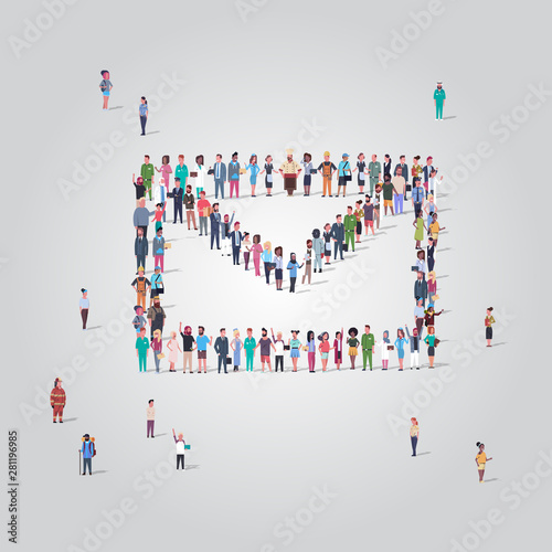 big people crowd standing together in shape of envelope icon different occupation employees group social network communication concept full length