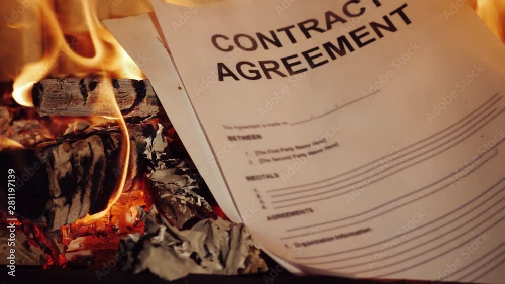 Paper contract burned in the fireplace