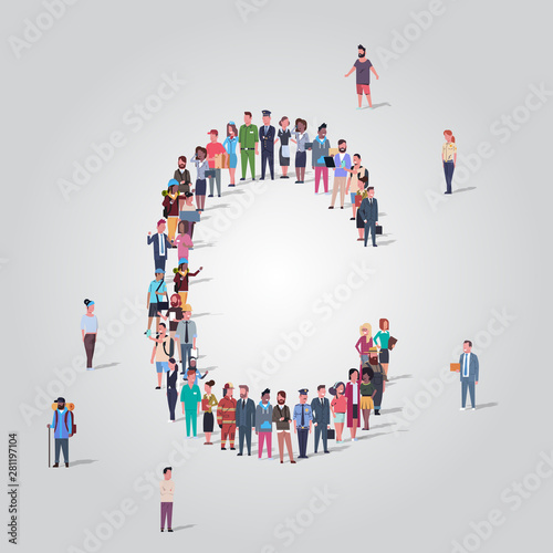big people crowd gathering in shape letter C different occupation employees group standing together English alphabet concept full length