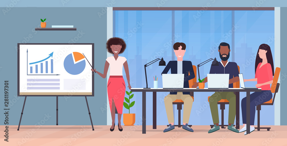 businesswoman presenting financial graph on flip chart to mix race businesspeople team at conference meeting presentation concept modern co-working office interior full length horizontal businesswoman presenting financial graph on flip chart to mix race businesspeople team at conference meeting presentation concept modern co-working office interior full length horizontal