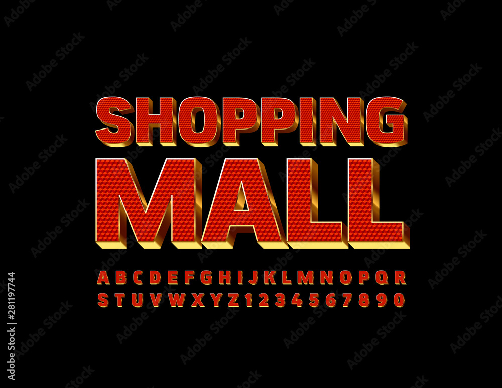 Vector chic banner Shopping Mall with Uppercase Font. 3D Gold and Red Alphabet. Luxury Letters and Numbers set