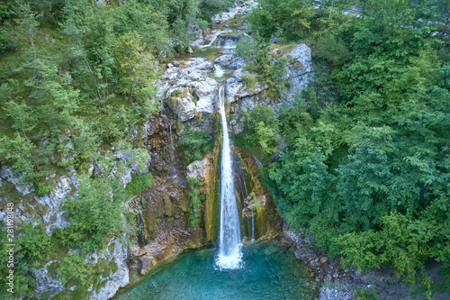 Aerial photography, waterfall in the mountains in the north of the Italian Alps. Trento, Italy. photo