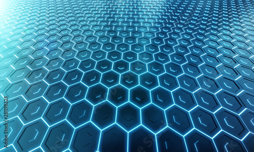 Glowing black and blue hexagons background pattern on silver metal surface 3D rendering