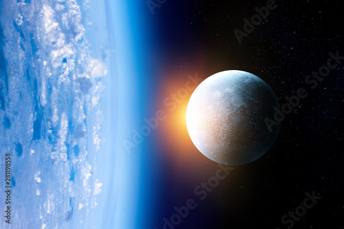 Moon beside Erath with sunshine and dark space background