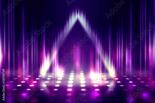 Empty background scene. Ultraviolet light, bokeh, blurred rays. Rays of neon light in the dark, neon figures, smoke. Background of empty stage show. Abstract dark background.