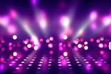 Empty background scene. Ultraviolet light, bokeh, blurred rays. Rays of neon light in the dark, neon figures, smoke. Background of empty stage show. Abstract dark background.