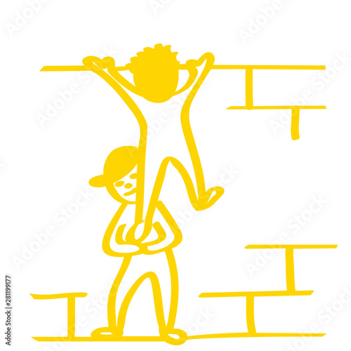 Handgezeichnete Männchen klettern über Mauer in gelb