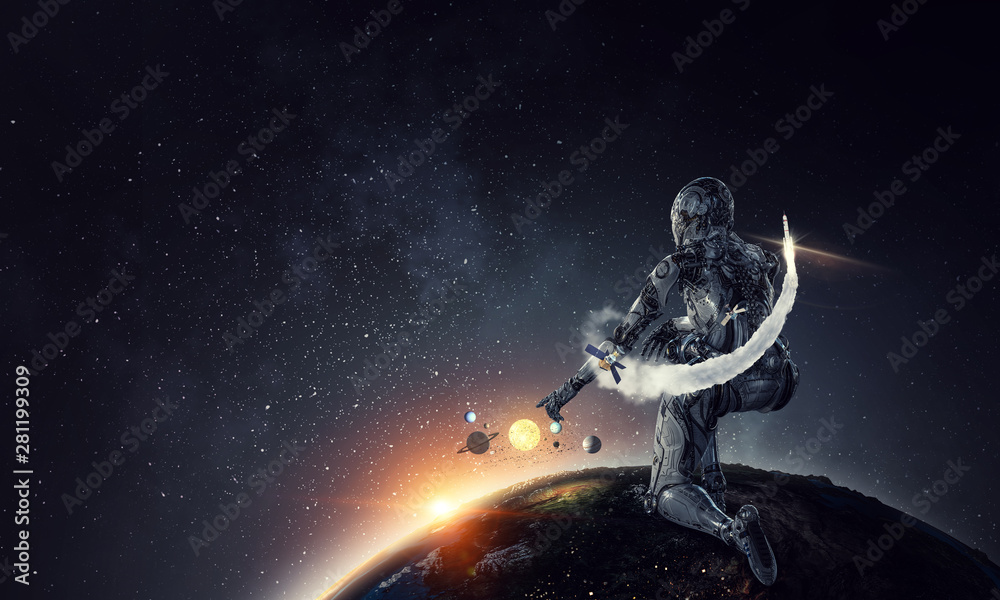 Naklejka premium Cyborg woman as concept of creation. Mixed media