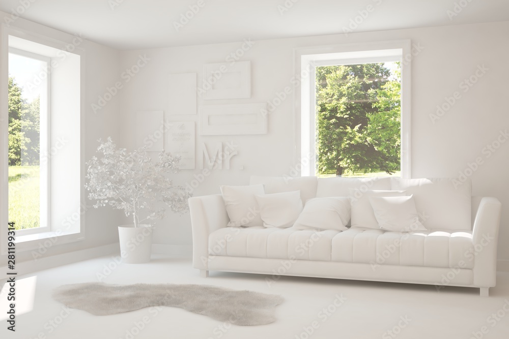 Fototapeta premium Mock up of stylish room in white color with sofa and green landscape in window. Scandinavian interior design. 3D illustration