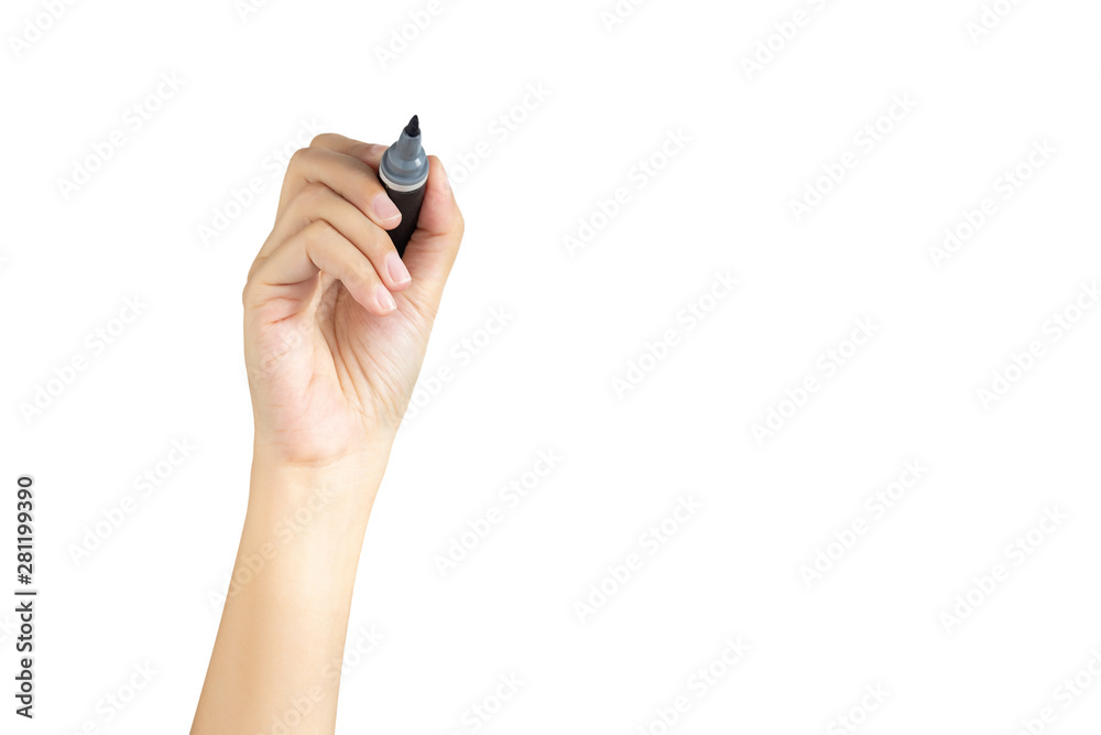 hand holding black magic marker pen ready to writing something isolated on white background with copy space, studio shot, front view hand holding black magic marker pen ready to writing something isolated on white background with copy space, studio shot, front view