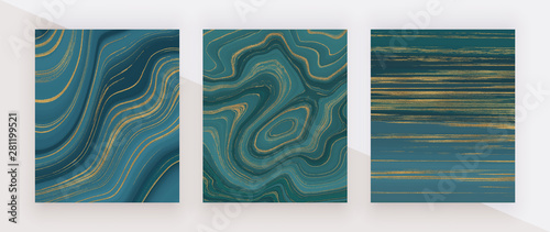 Marine color liquid marble texture. Blue and golden glitter ink painting abstract pattern. Trendy backgrounds for wallpaper, flyer, poster, card, invitations. 