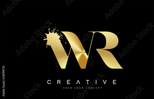 WR W R Letter Logo with Gold Melted Metal Splash Vector Design.