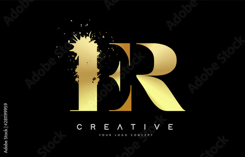 ER E R Letter Logo with Gold Melted Metal Splash Vector Design.