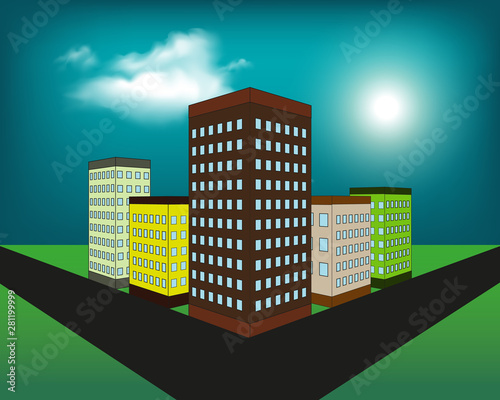 Vector illustration of night city with buildings  clouds and moon at the sky. Cityscape background in flat style. Skyline silhouette with yellow windows. Night view for banner  web design.