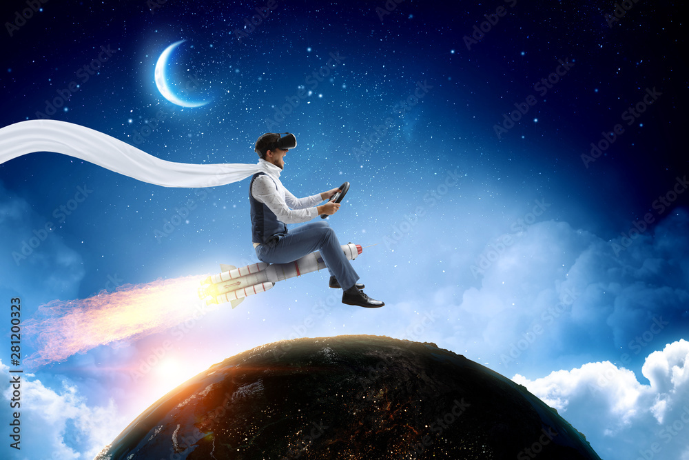 Fototapeta premium Aviator riding rocket. Mixed media