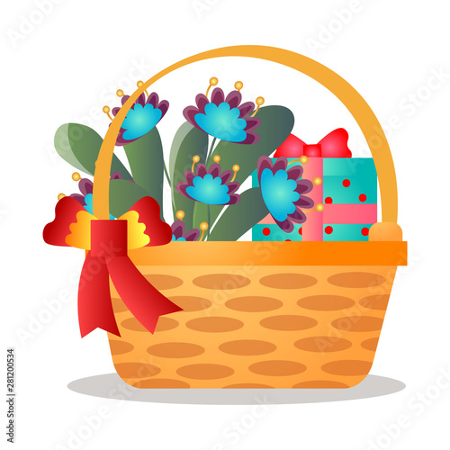 Big wood gift basket with red ribbon and flower bouquet