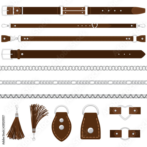 Vector leather belts, silver chains, colars isolated on white background